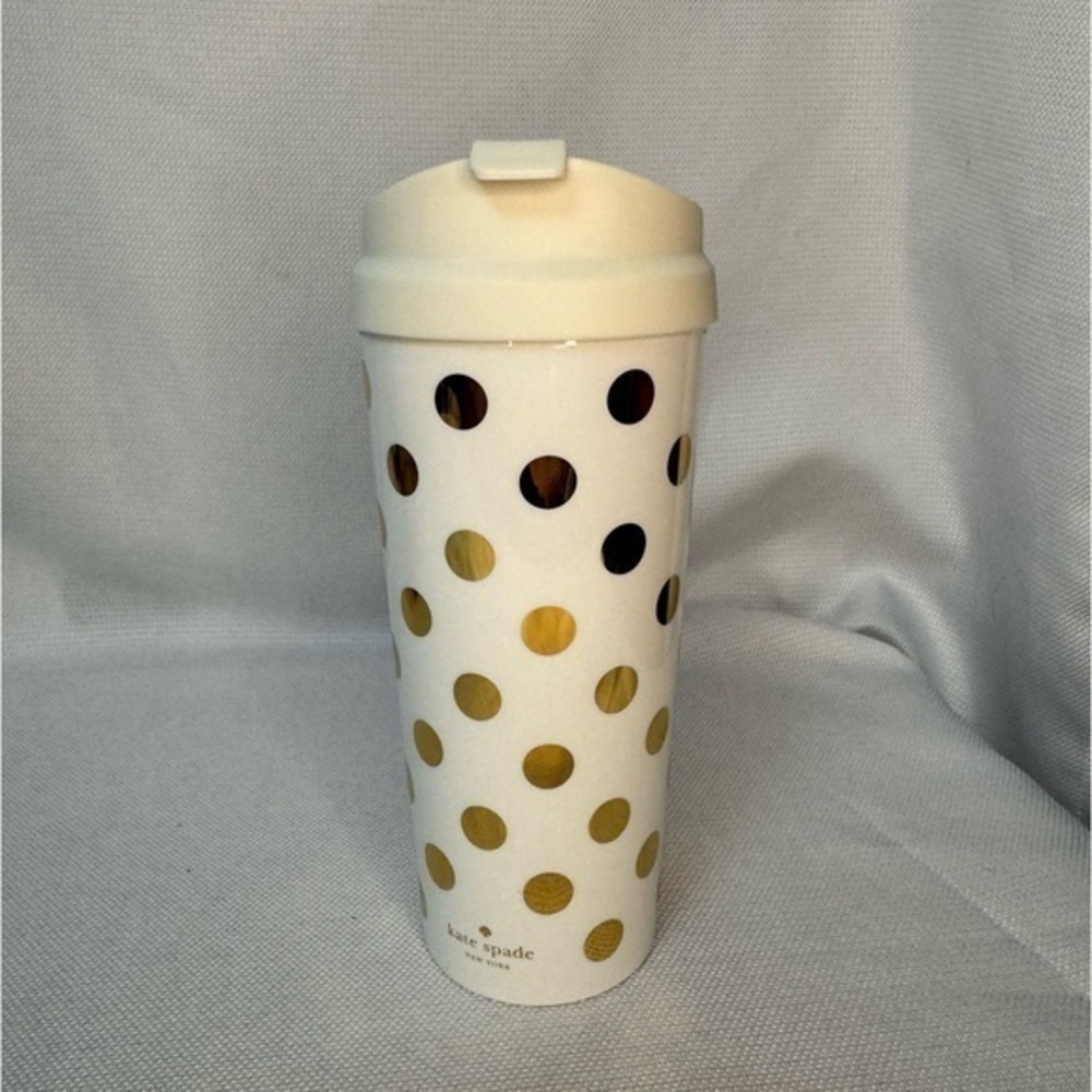 Kate Spade White & Gold Polka Dot 16 oz Coffee Cup/Tumbler EUC